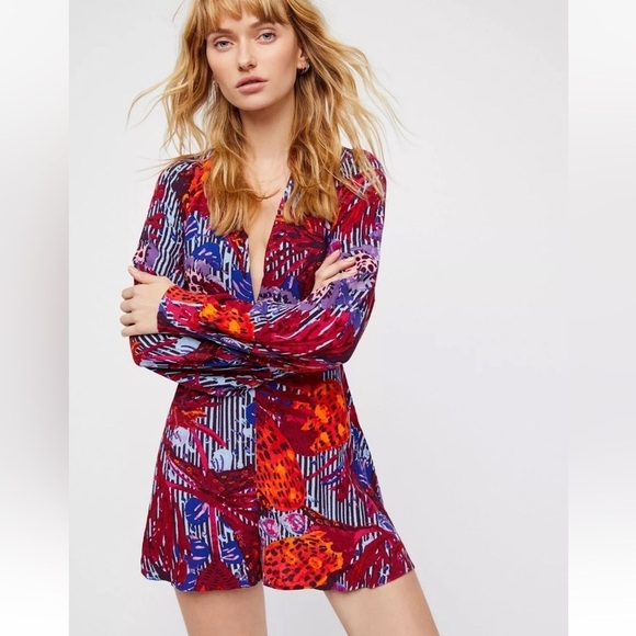 Free People Pants - Free People Audrey Long Sleeve V-Neck Romper printed red combo Size 2